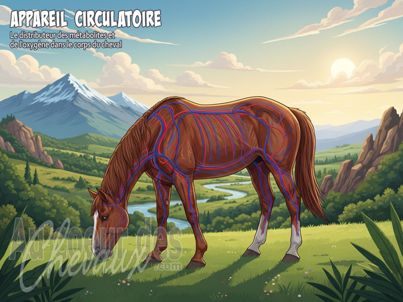 Un cheval devant un paysage montagneux, avec son appareil circulatoire visible