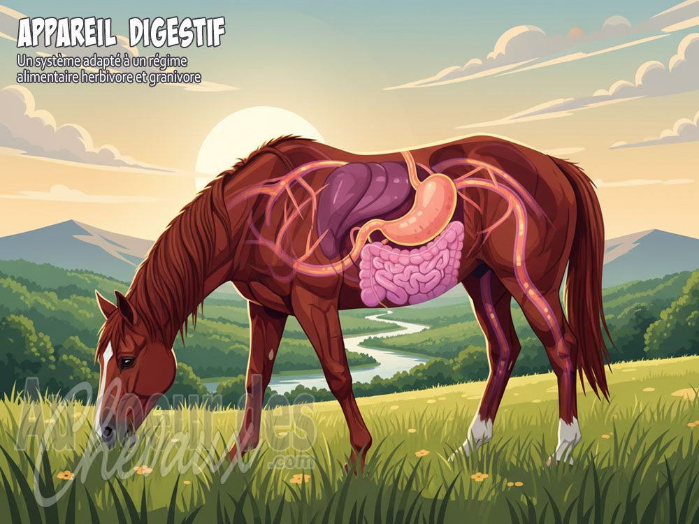 Un cheval, avec son appareil digestif visible, qui broute sur un colline