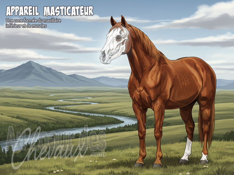 Un cheval en libert� dans la nature, avec son appareil masticateur visible