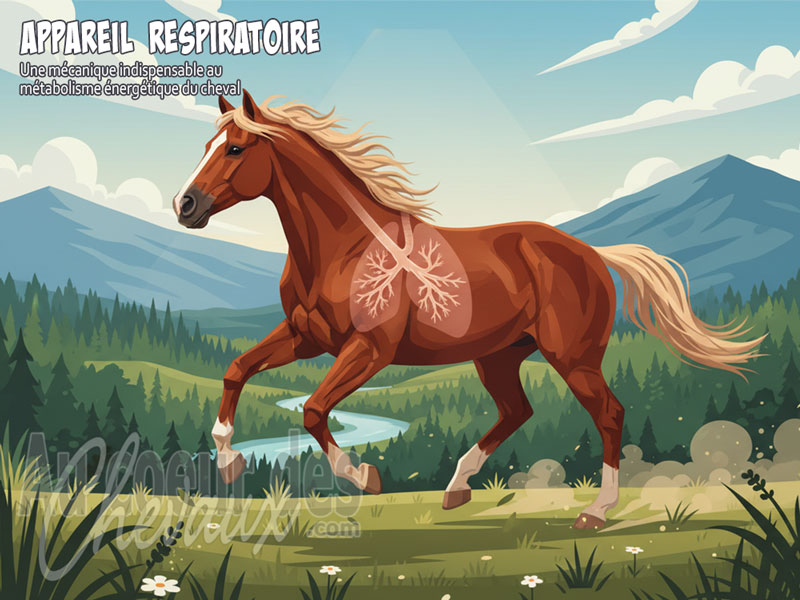 Un cheval au galop dans l'herbe, avec les poumons, de son appareil respiratoire, visibles