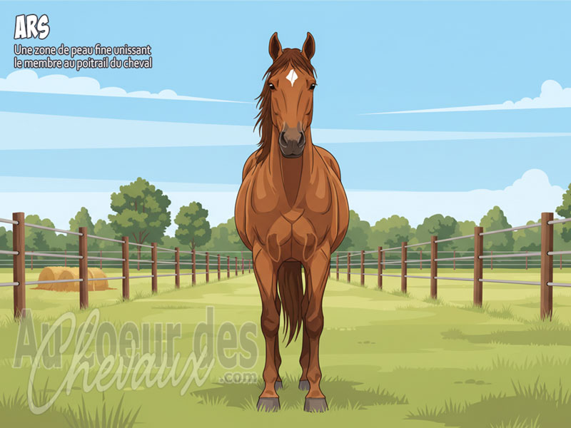 Un cheval vu de face au milieu de deux p�turages cl�tur�s