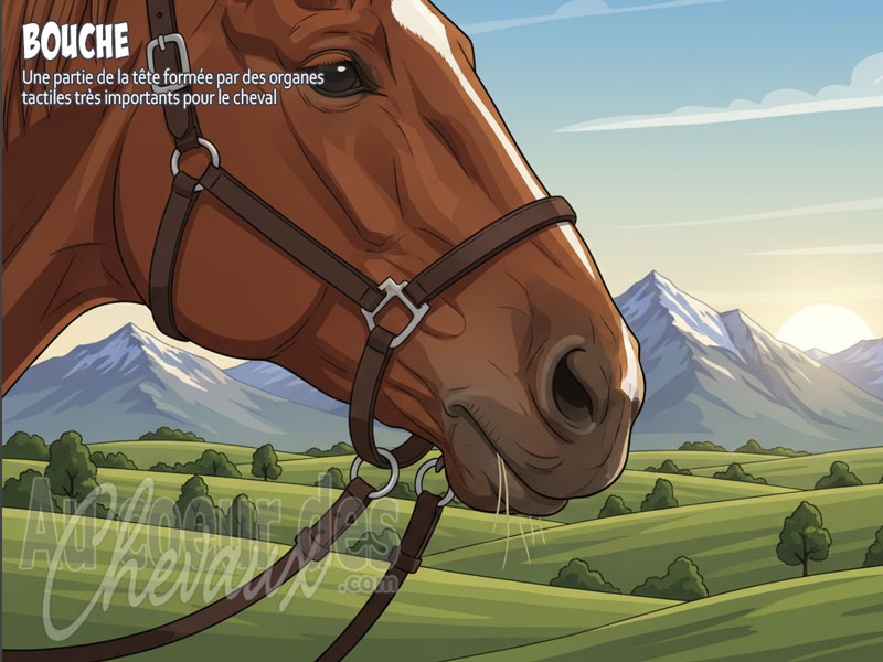 Une vue de la t�te d'un cheval avec des brins d'herbes dans la bouche