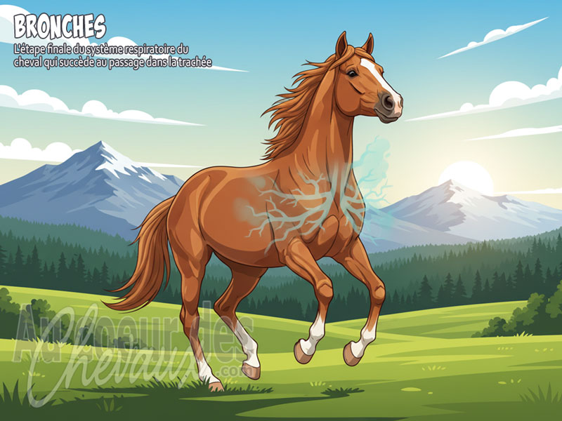 Un cheval en libert� dans la nature, avec une vue des alv�oles pulmonaires en transparence sur son avant-main