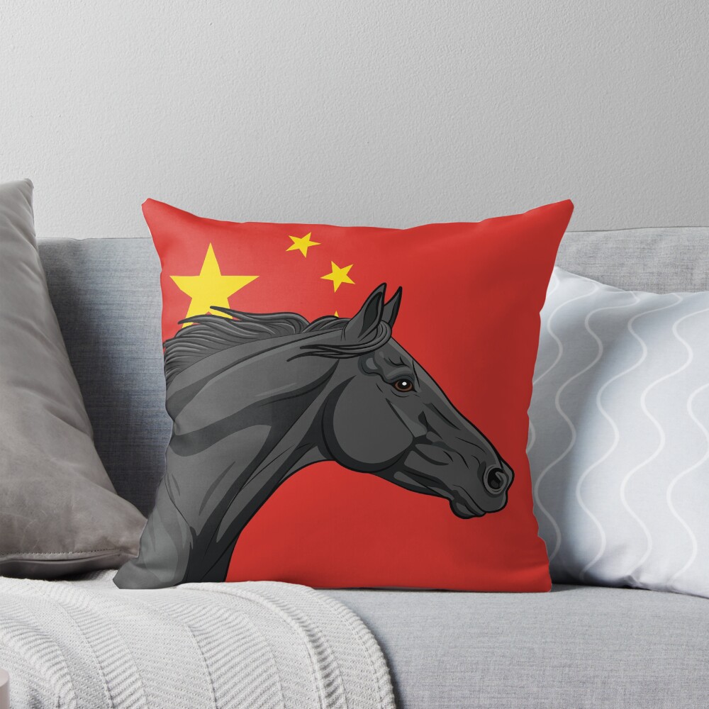 Un cheval Abaga noir devant le drapeau de la chine