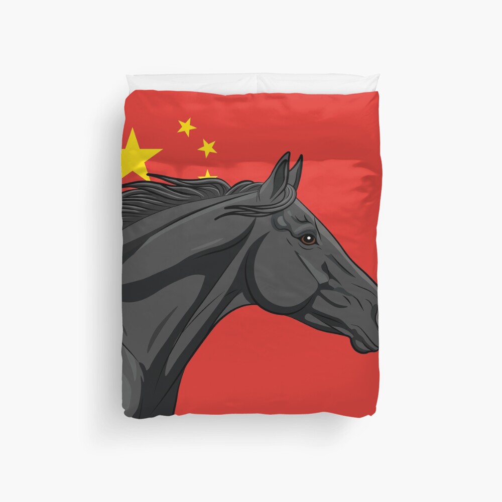Un cheval Abaga noir devant le drapeau de la chine