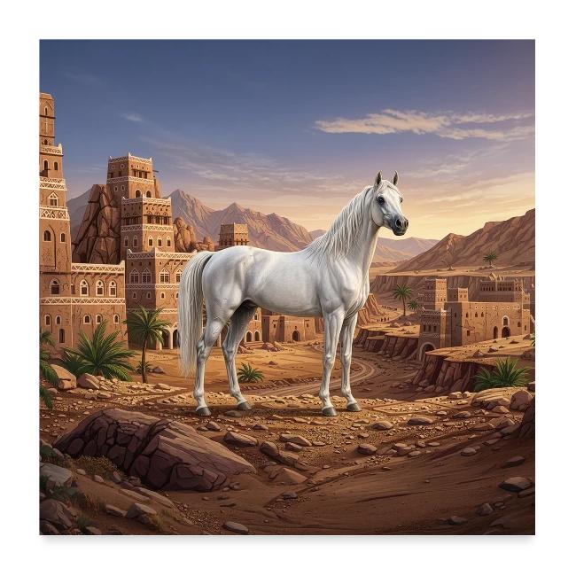 Un cheval Abbayan et un paysage du Y�men