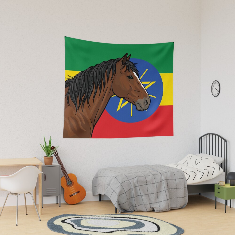 La t�te du Cheval Abyssinien devant le drapeau de l'�thiopie