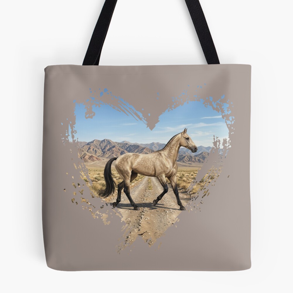 Le Cheval Akhal T�k� avec une robe dor�e, un paysage et un coeur