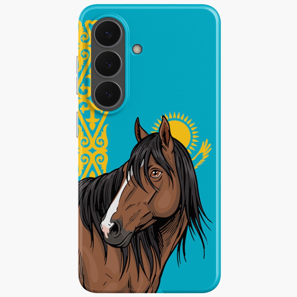 La t�te du Cheval Adaev devant le drapeau du Kazakhstan