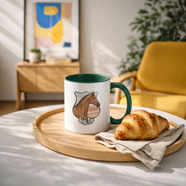 La t�te du Cheval Akhal T�k�, un blason et un paysage