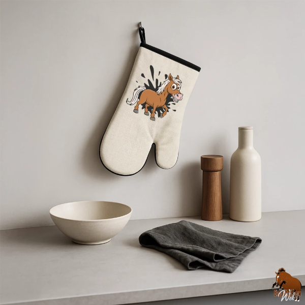 Le Cheval Abou'Ourquob sur un gant de cuisine